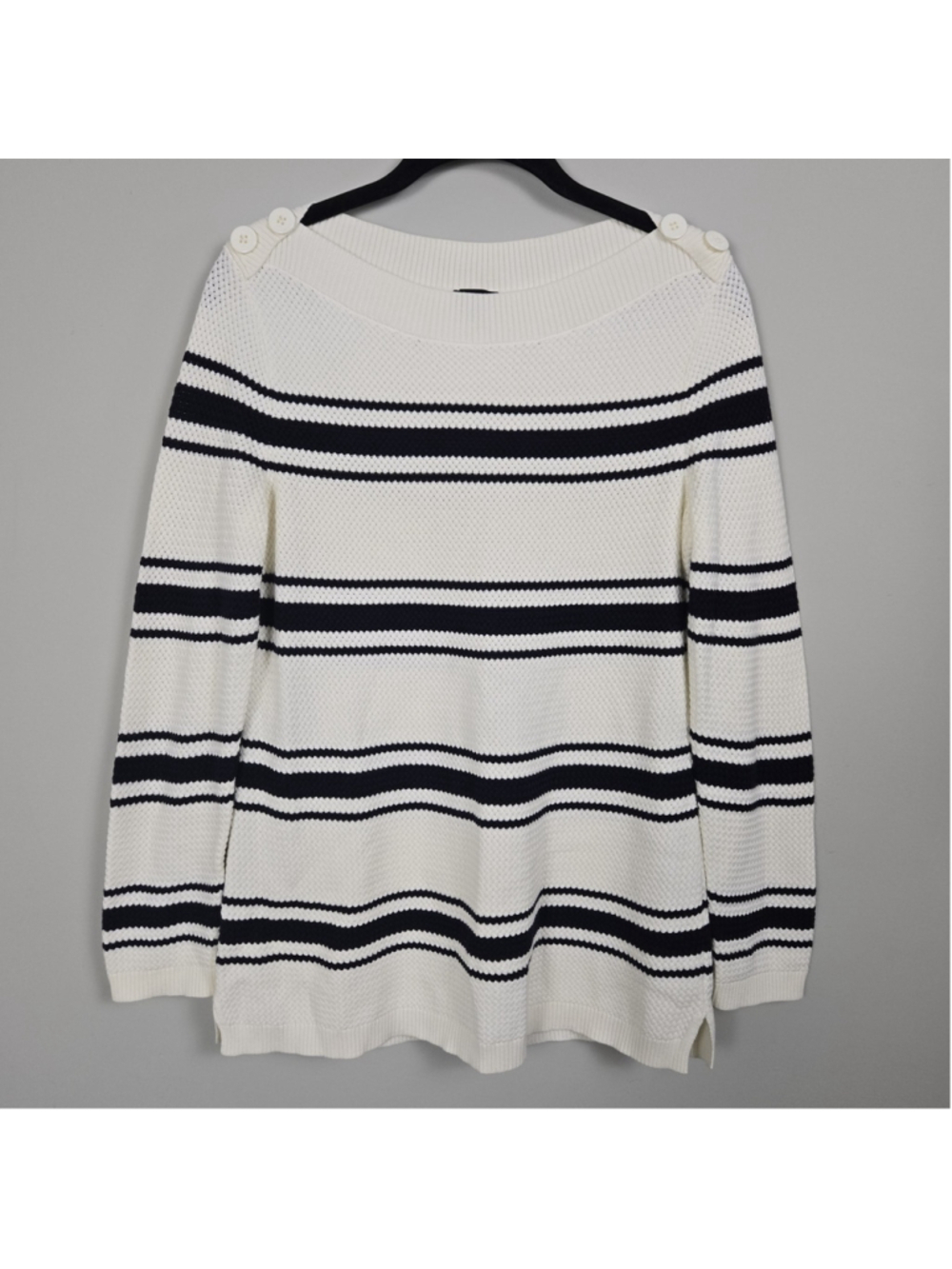 Talbots Womens Open Knit Striped Pullover Sweater Size MP White Coastal Preppy